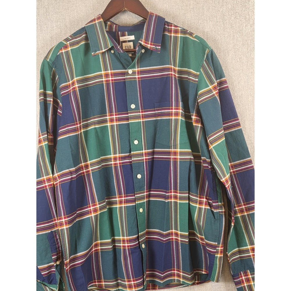 GAP Untucked Shirt Mens L Long Sleeve Blue Green Plaid Oxford Preppy Work Casual